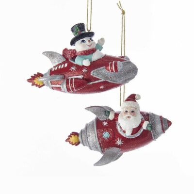 Christmas Tree | Kurt Adler Kurt Adler Nyc C7663 Red And Silver Glittered Santa And Snowman In Rocket Ornaments, 2 Assorted